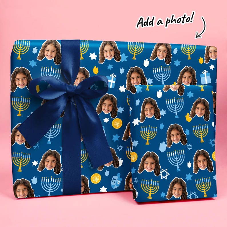 Hanukkah Menorah Fun Face, Personalized Photo Wrapping Paper, Funny Custom Face Hanukkah Gift Wrapping Paper Roll, 24 in x 7 feet image 2