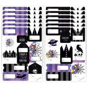 May include: A sheet of Halloween-themed stickers with various designs. The stickers include labels, tags, and circular designs featuring bats, spiderwebs, and the text "Dead Inside", "I Have a Thing For You", and "Goth Girl Club". The color palette includes black, purple, and white.