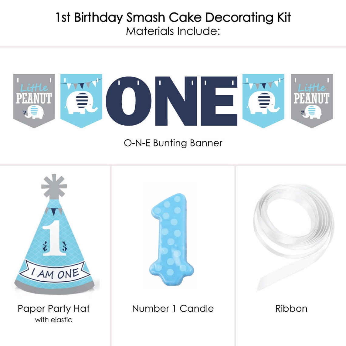 Blue Elephant 1st Birthday Boy Smash Cake Decoration Kit