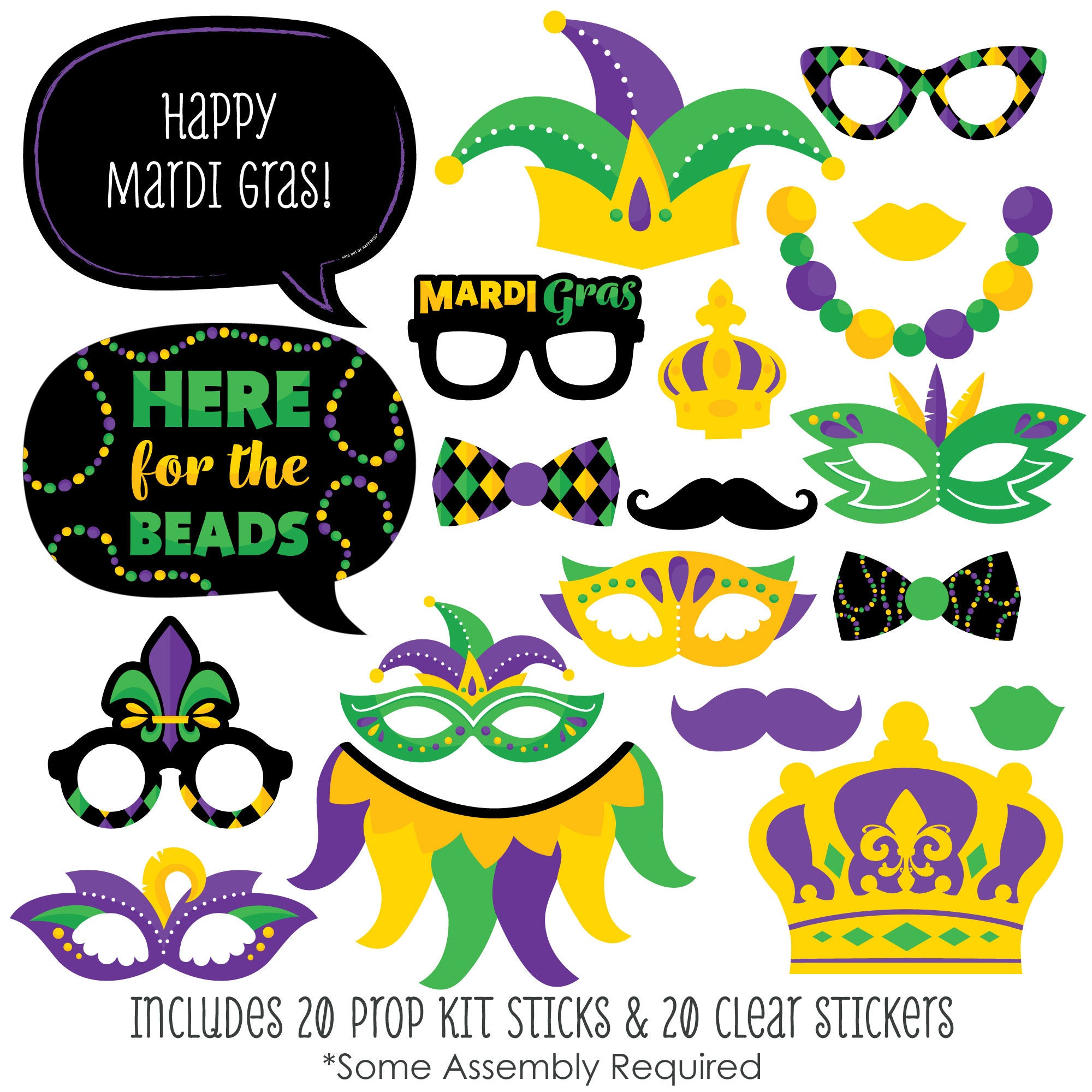Colorful Mardi Gras Mask Personalized Masquerade Party Photo Booth Props Kit 20 Count
