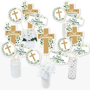 May include: First Communion party decorations with green and gold cross and wreath designs. The decorations feature the text "First Communion" and are perfect for a religious celebration.