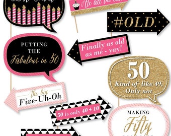 Funny Chic 50th Birthday - Pink, Black and Gold - Photo Booth Props - 50th Birthday Party Photo Booth Prop Kit - 10 Photo Props