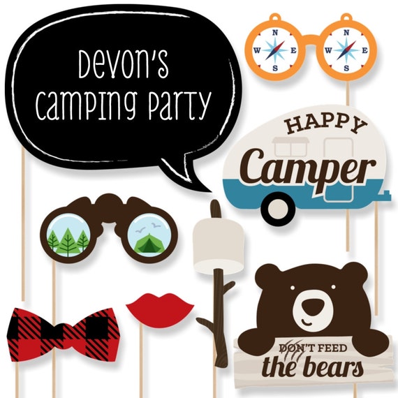 20 Pc. Happy Camper Photo Booth Props Bow Tie Camping Photo Booth Prop Kit with Mustache Hat Glasses and Custom Talk Bubble