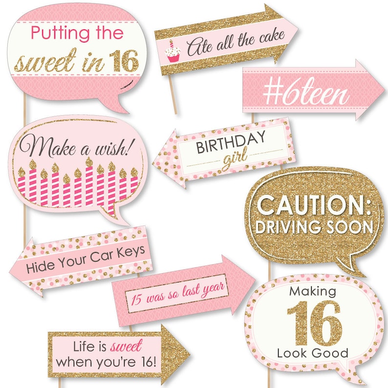 Funny Sweet 16 Birthday Party Photo Booth Props Sweet Sixteen Photo Booth Prop Kit Sweet 16 Selfie Photo Props 10 pc. image 1