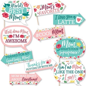 Funny Colorful Floral Happy Mother&#39;s Day - We Love Mom Party Photo Booth Props Kit - 10 Piece