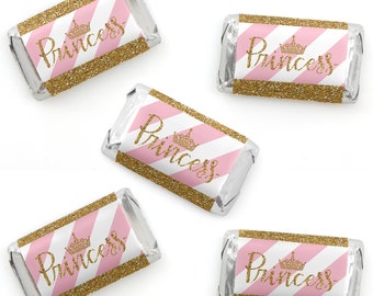 Little Princess Crown Mini Candy Bar Wrappers - Pink and Gold Baby Shower & Birthday Chocolate Miniature Candy Bar Labels - 40 Ct