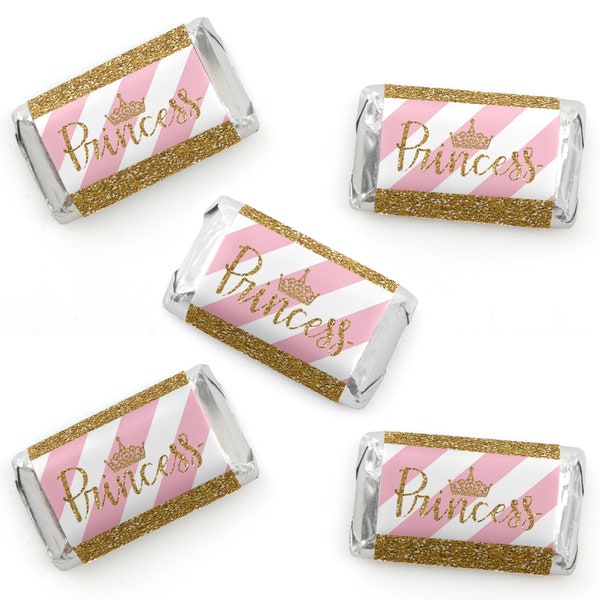 Little Princess Crown Mini Candy Bar Wrappers - Pink and Gold Baby Shower & Birthday Chocolate Miniature Candy Bar Labels - 40 Ct