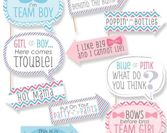 Funny Chevron Gender Reveal Baby Shower Photo Booth Props - Gender Neutral Photobooth Prop Kit - Pink and Blue Props - 10 Props