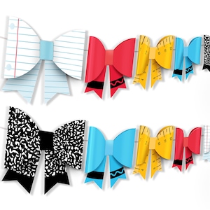 May include: A decorative garland featuring multiple bow-shaped cutouts in various patterns and colors, including white lined notebook paper, solid red, yellow measuring tape, solid blue, and black and white speckled composition book designs.