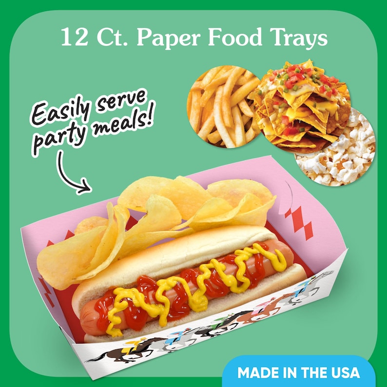 May include: Pink paper food tray with a hot dog, crisps, ketchup, and mustard. The tray has a horse racing design. The image also shows fries, nachos, and popcorn. Text reads "12 Ct. Paper Food Trays" and "Easily serve party meals!" Made in the USA.