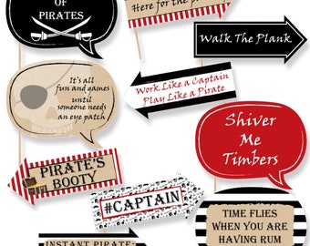 Funny Beware of Pirates Birthday Photo Props - Pirate Birthday Party Photo Booth Prop Kit - Pirate Selfie Photo Props - 10 pc.