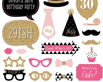 Chic 30th Birthday - Pink, Black, and Gold - Photo Booth Props - Adult Birthday Party Photobooth Kit with Custom Talk Bubble - 20 Pieces