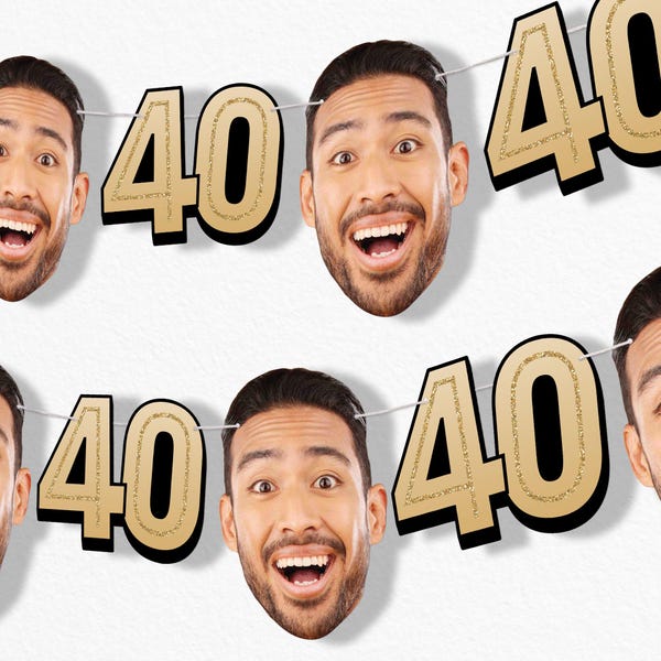 Custom 40th Birthday Face Cut Out Garland Banner, Personalized Adult Birthday Party Decor, 30 Ft of Cord, 5 Face Cutouts 5 Age 40 Shapes