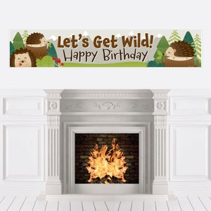 Erizos del bosque: pancarta de fiesta con decoraciones de bosque para feliz cumpleaños