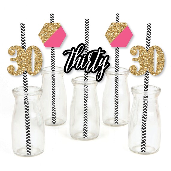Chic 30th Birthday – Pink, Black, and Gold - Die-Cut Straw Decorations - Birthday Party Paper Cut-Outs & Striped Paper Straws - Set of 24 Il_570xn