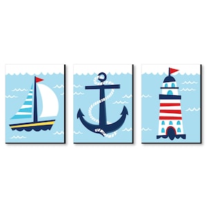 Lighthouse, Sailboat and Anchor - Boy Nursery Wall Art and Nautical Kids Room Decor - 7.5 x 10 inches - Set of 3 Prints