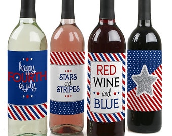 Fourth of July - Wine Bottle Labels for Women and Men - Set of 4 Sticker Labels