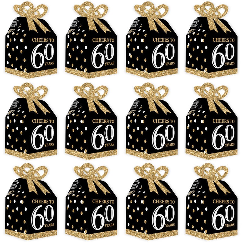 Adult 60th Birthday Gold Square Favor Gift Boxes Birthday Party Bow Boxes Set of 12 image 4