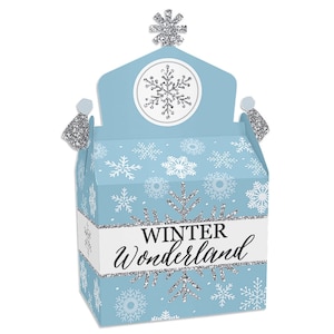 May include: Blue and silver favor boxes with a snowflake design and the text "Winter Wonderland".