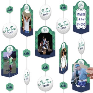 May include: A golf themed party decoration kit with green and blue colors. The kit includes golf ball, golf cart, and photo frame cutouts. The photo frame cutouts have a plaid pattern and say 