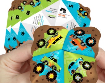 Smash and Crash - Monster Truck - Boy Birthday Party Cootie Catcher Game - Jokes and Dares Fortune Tellers - Set of 12