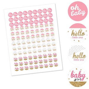 Hello Little One Pink and Gold Girl Baby Shower Party Round Candy Sticker Favors Labels Fit Chocolate Candy 1 sheet of 108 image 2
