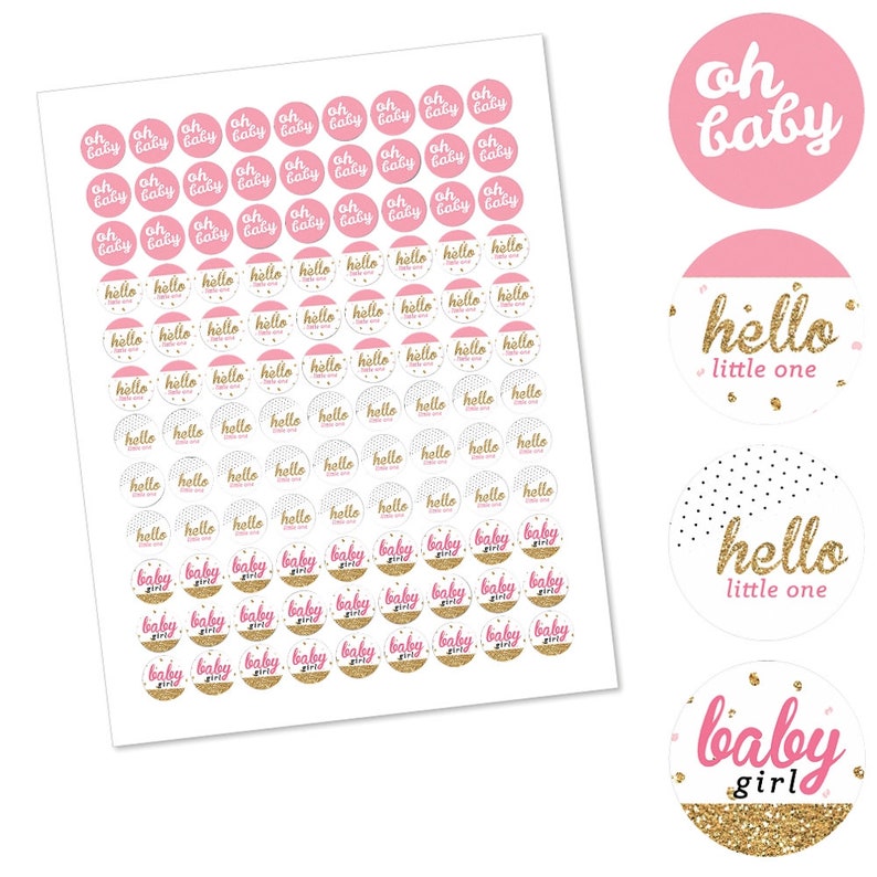 Hello Little One Pink and Gold Girl Baby Shower Party Round Candy Sticker Favors Labels Fit Chocolate Candy 1 sheet of 108 image 2