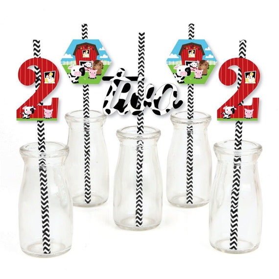 2nd Birthday Farm Animals Die-Cut Straw Decorations - Barnyard Second Birthday Party Paper Cut-Outs & Striped Paper Straws - Set of 24 Il_570xn