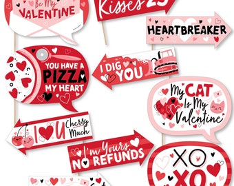 Funny Happy Valentine’s Day - Valentine Hearts Party Photo Booth Props Kit - 10 Piece