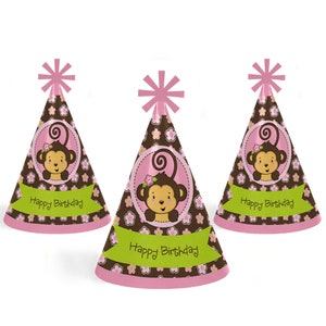 Pink Monkey Girl Birthday Party Cone Happy Birthday Party Hats for Kids and Adults Set of 8 Standard Size image 6