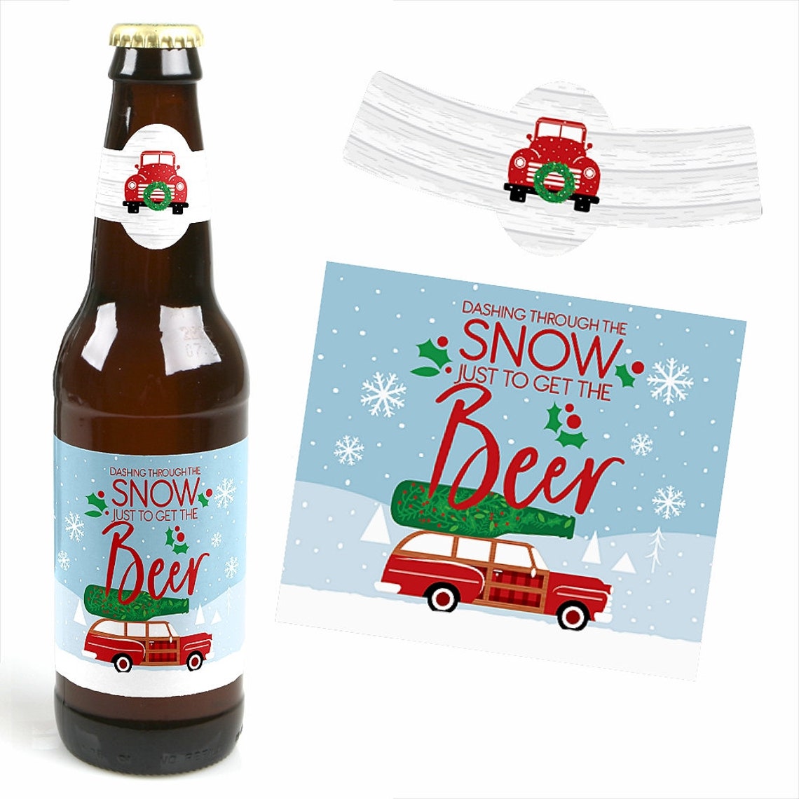 Christmas Beer Bottle Labels & Carrier Set - Red Truck Holiday Party Stickers