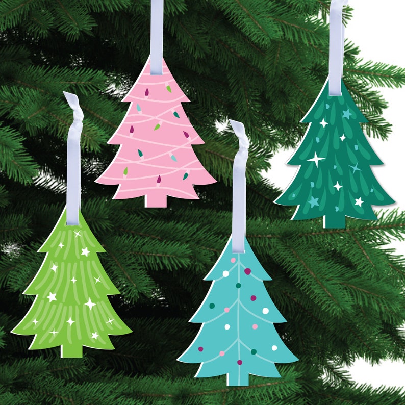 Merry and Bright Trees Colorful Whimsical Christmas Party Decorations Christmas Tree Ornaments Set of 12 image 1