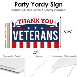 Puede incluir: Un cartel de jard&iacute;n de pl&aacute;stico corrugado rojo, blanco y azul con el texto "Thank You Veterans". El cartel mide 23 pulgadas de ancho y 15,25 pulgadas de alto. Incluye dos estacas para un f&aacute;cil montaje.