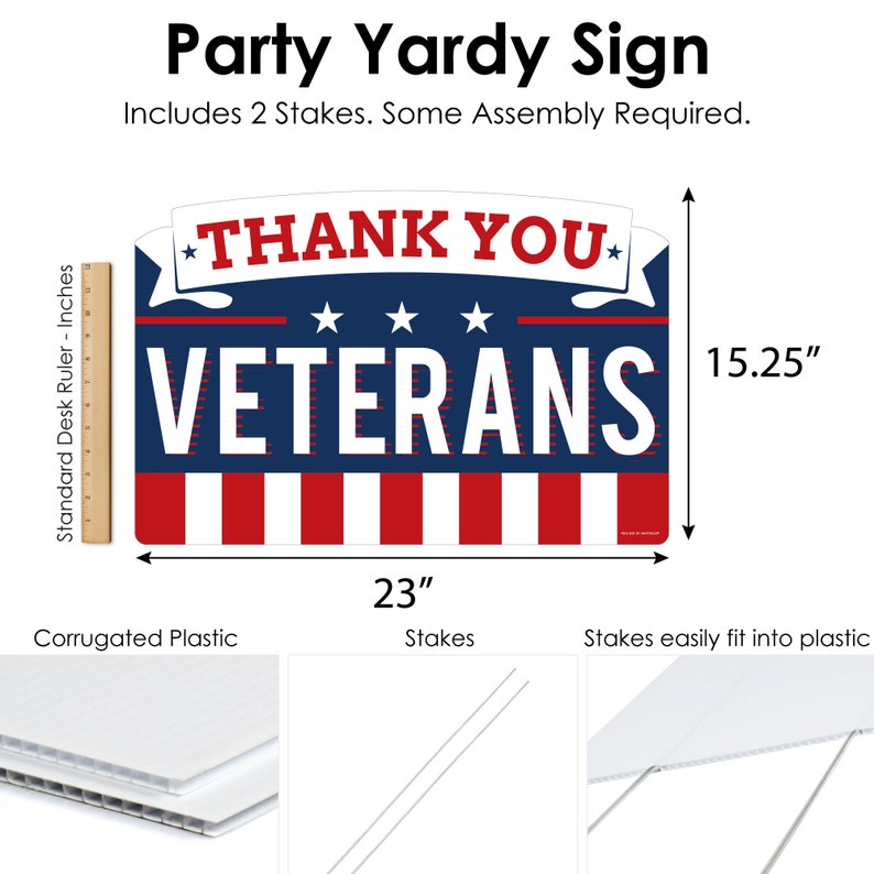 Puede incluir: Un cartel de jard&iacute;n de pl&aacute;stico corrugado rojo, blanco y azul con el texto "Thank You Veterans". El cartel mide 23 pulgadas de ancho y 15,25 pulgadas de alto. Incluye dos estacas para un f&aacute;cil montaje.