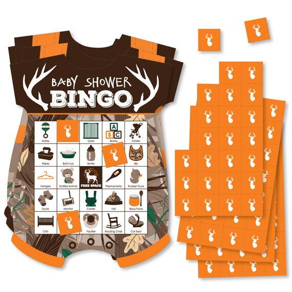 Gone Hunting - Picture Bingo Cards and Markers - Deer Hunting Camo Baby Shower Shaped Bingo Game - Set of 18 Il_570xn