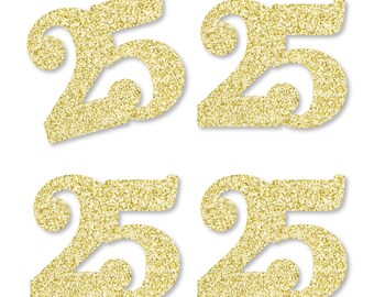 Gold Glitter 25 - No-Mess Real Gold Glitter Cut-Out Numbers - 25th Birthday Party Confetti - 25th Anniversary Shaped Confetti - Set of 24