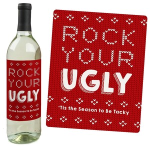 Ugly Sweater Holiday Wine Bottle Labels for Christmas Parties Set of 4