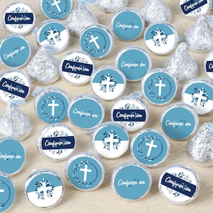 May include: Blue and white round stickers with a cross and floral design. The stickers say "Confirmation" in a navy blue font.