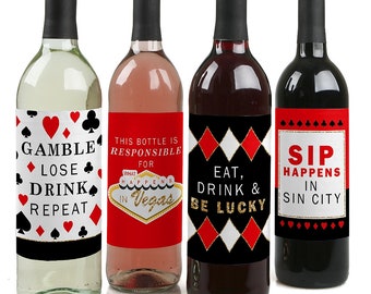 May include: Four wine bottle labels with a Las Vegas casino theme. The labels feature red, black, and white playing card symbols and text that says "Gamble Lose Drink Repeat", "This bottle is responsible for what happens in Vegas", "Eat, Drink & Be Lucky", and "Sip Happens in Sin City".