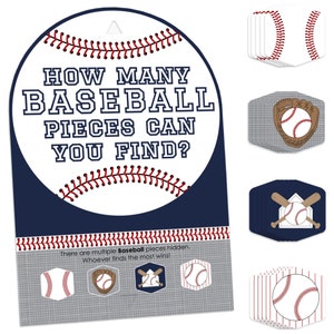 May include: A baseball-themed game with a large, white, baseball-shaped sign featuring the text "HOW MANY BASEBALL PIECES CAN YOU FIND?". The sign has red stitching and a navy blue border. Smaller baseball-themed game pieces are also shown.