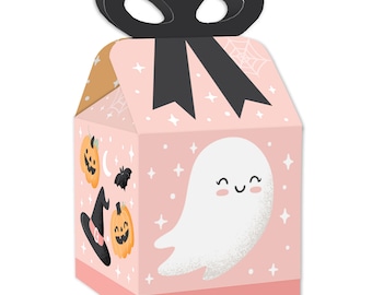 Pastel Halloween - Square Favor Gift Boxes - Pink Pumpkin Party Bow Boxes - Set of 12