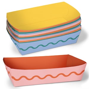 May include: Stack of colorful paper food trays in yellow, blue, pink, and orange. The blue and pink trays have a wavy design. The trays are empty and ready for use. Perfect for serving snacks or small portions of food.