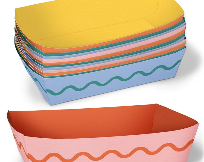 Assorted Wavy Colorful Paper Food Trays, Disposable Retro Birthday, Bachelorette, Dinner Party, Double-Sided Paper Meal Holders - Set of 12