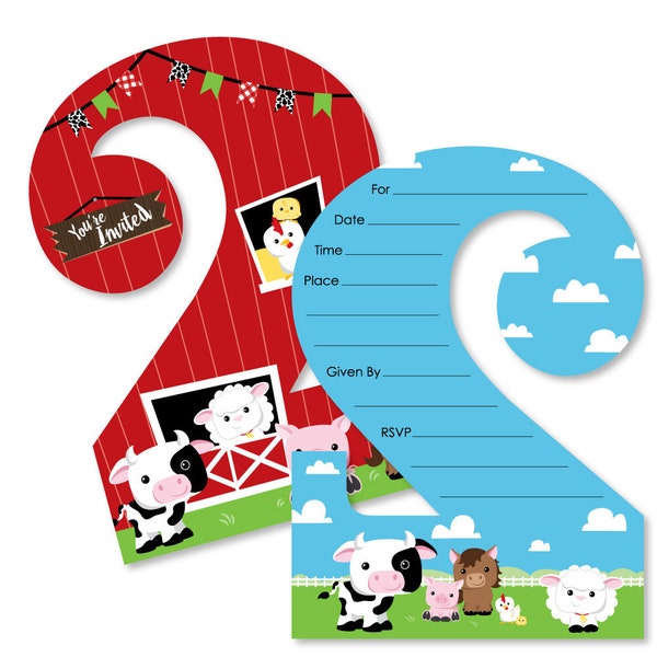 2nd Birthday Farm Animals - Shaped Fill-in Invitations - Barnyard Second Birthday Party Shaped Invitation 12 Shaped Invite Cards w/Envelopes