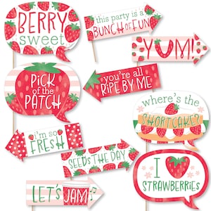 Funny Berry Sweet Strawberry - Fruit Themed Birthday Party or Baby Shower Photo Booth Props Kit - 10 Piece