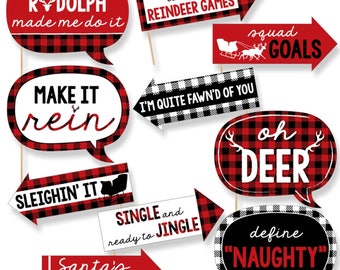 Funny Prancing Plaid Photo Booth Props - Christmas Party Photo Booth Prop Kit - Buffalo Plaid Holiday Party - Lumberjack - 10 Props