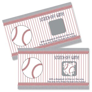 May include: Two baseball-themed scratch-off game cards with red and white stripes. The text on the cards reads "Scratch-OFF Game" and "With a Baseball All Star on the way. The one who finds the ball wins today!"
