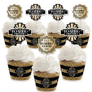 Roaring 20’s - 1920s Party Supplies - Art Deco Jazz Cupcake Wrappers and Treat Picks Kit - Great Gatsby Party - Set of 24
