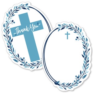 May include: Two oval-shaped thank you tags with a blue cross and floral wreath design. The first tag says "Thank You" and the second tag is blank.