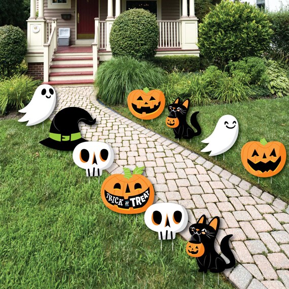 Jack-O'-Lantern Halloween - Black Cat, Ghost, Skull & Witch Hat Lawn Decorations - Outdoor Kids Halloween Party Yard Decorations - 10 Piece Il_570xn